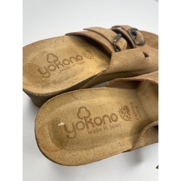 Yokono Wedge Slide Sandals Slide On Leather Beige Tan Ladies size 8 Adjustable - Picture 10 of 14